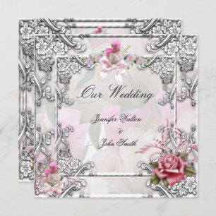 Elegant Wedding Pink Rose Silver White Invitation