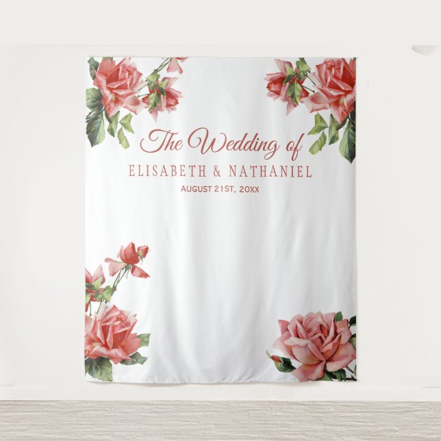 Elegant wedding pink roses photo booth backdrop tapestry (Front)