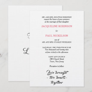Elegant Wedding Pink White Two Hearts Invitation