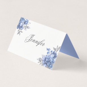 Elegant Wedding Place Card Dusty Blue Floral Name