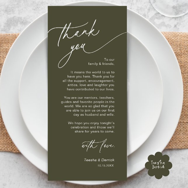 Elegant Wedding Place Setting Thank You Card (Elegant Wedding Place Setting Dinner Thank You Card in Olive Green)