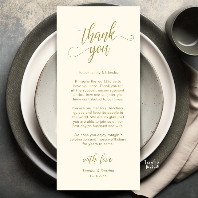 Elegant Wedding Place Setting Thank You Card (Elegant Wedding Place Setting Thank You Card in yellow cream and gold)