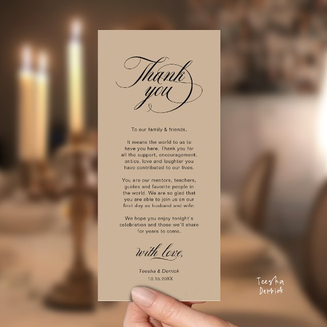 Elegant Wedding Place Setting Thank You Card (Elegant Classic Wedding Place Setting Thank You Dinner Card in brown tan)