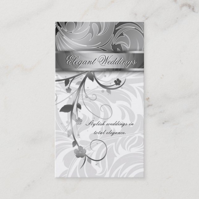 Elegant Wedding Planner Floral Leaf Silver Business Card (Front)