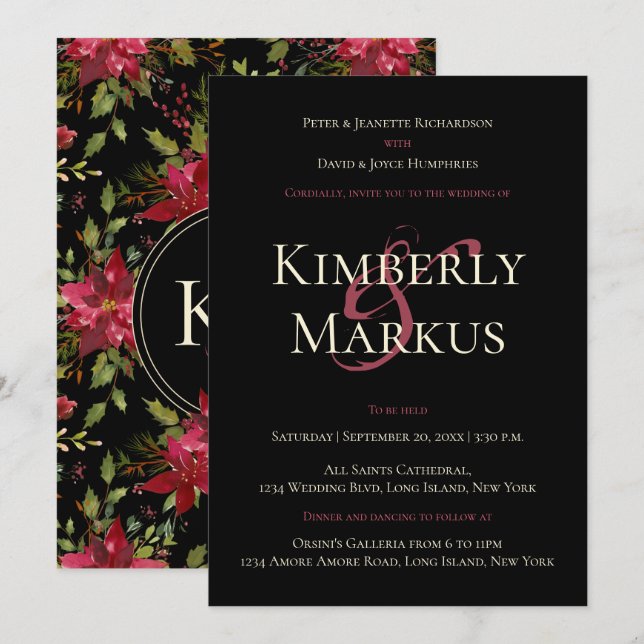 Elegant Wedding Poinsettia Monogram Claret Red Invitation (Front/Back)