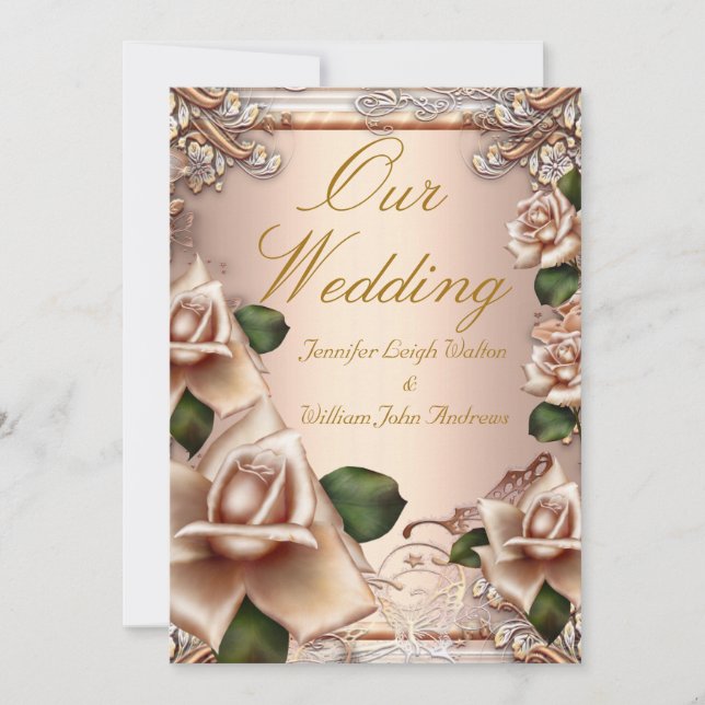 Elegant Wedding Pretty Beige Cream Gold Rose Invitation (Front)