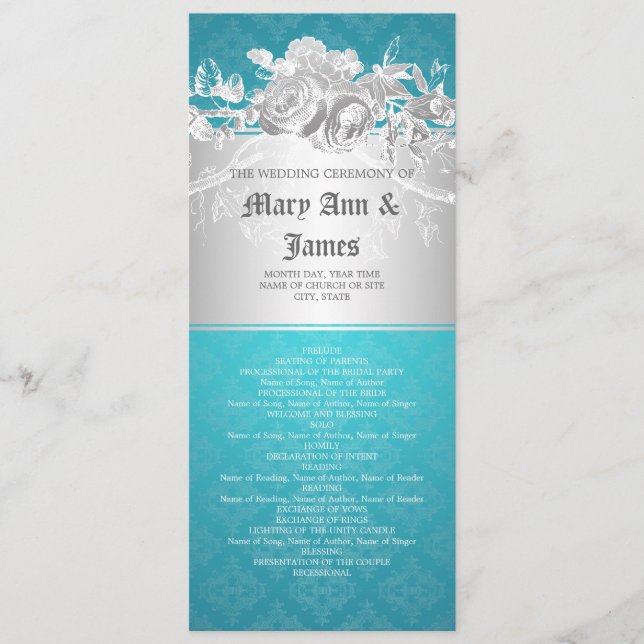 Elegant Wedding Program Baroque Flourish Blue Programme (Front)