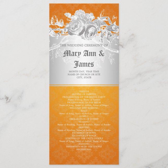 Elegant Wedding Program Baroque Flourish Orange Programme (Front)