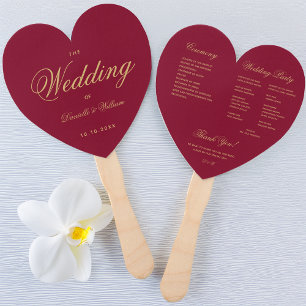 Elegant Wedding Program Burgundy Heart Gold Script Hand Fan