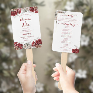 Elegant Wedding Program Burgundy & Silver Floral Hand Fan