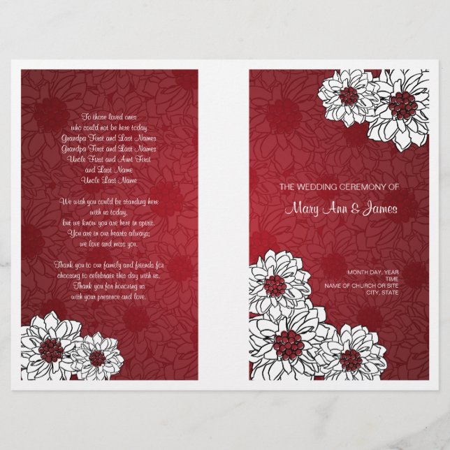 Elegant Wedding Program Dahlia Floral Red (Front)