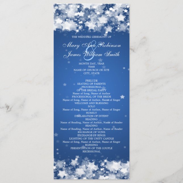 Elegant Wedding Program Dazzling Stars Blue Programme (Front)