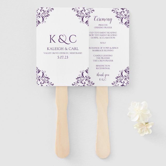 Elegant Wedding Program Fans | Vintage - Purple (Front and Back)