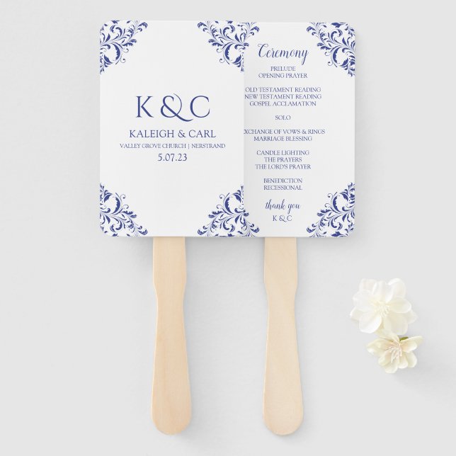 Elegant Wedding Program Fans | Vintage -Royal Blue (Front and Back)