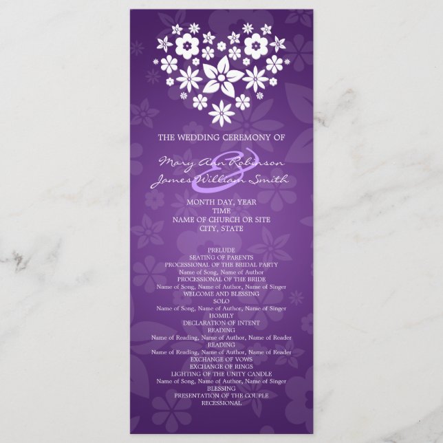 Elegant Wedding Program Flowery Heart Purple Programme (Front)