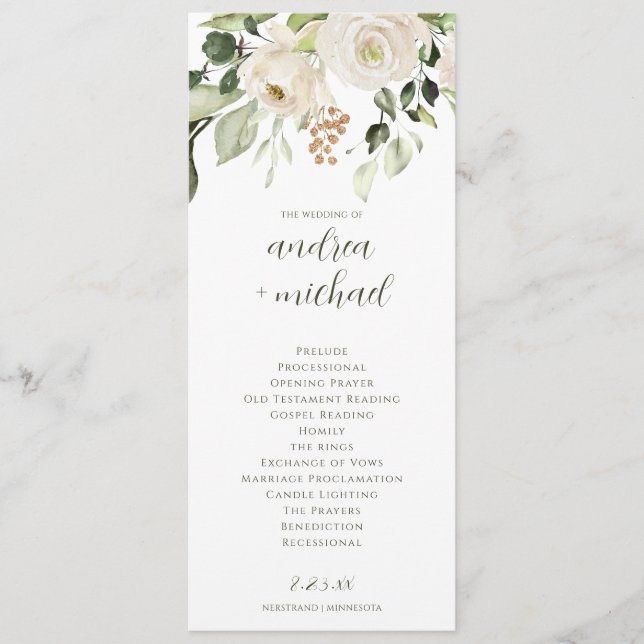 Elegant Wedding Program Greenery White Floral Programme (Front)