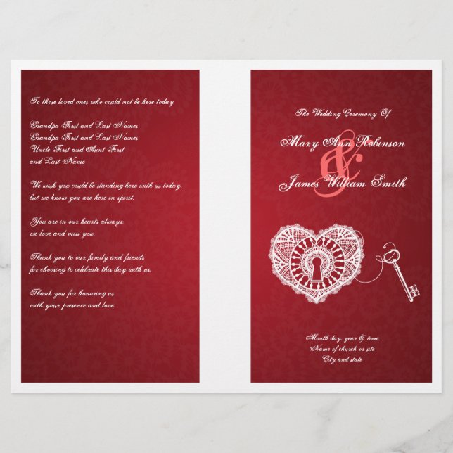 Elegant Wedding Program Key To My Heart Red (Front)
