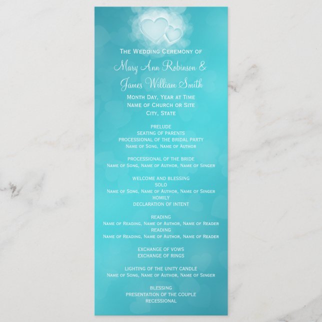 Elegant Wedding Program Modern Hearts Blue Programme (Front)