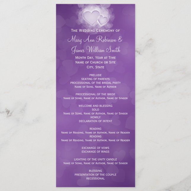 Elegant Wedding Program Modern Hearts Purple Programme (Front)