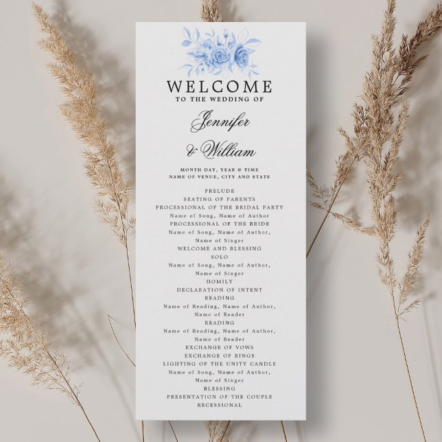 Elegant Wedding Program Navy Blue Floral Script  Invitation (Elegant Wedding Program Navy Blue Floral Script )