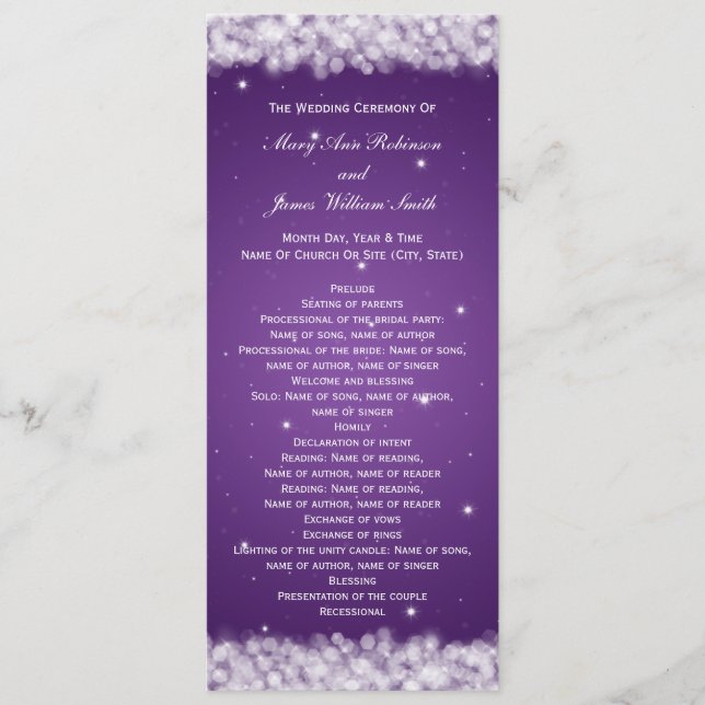 Elegant Wedding Program Party Sparkle Purple Programme (Front)