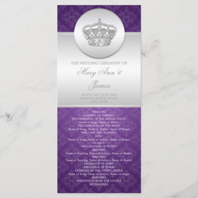 Elegant Wedding Program Royal Crown Purple Programme (Front)