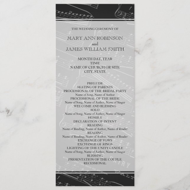 Elegant Wedding Program Sheet Music Black Programme (Front)