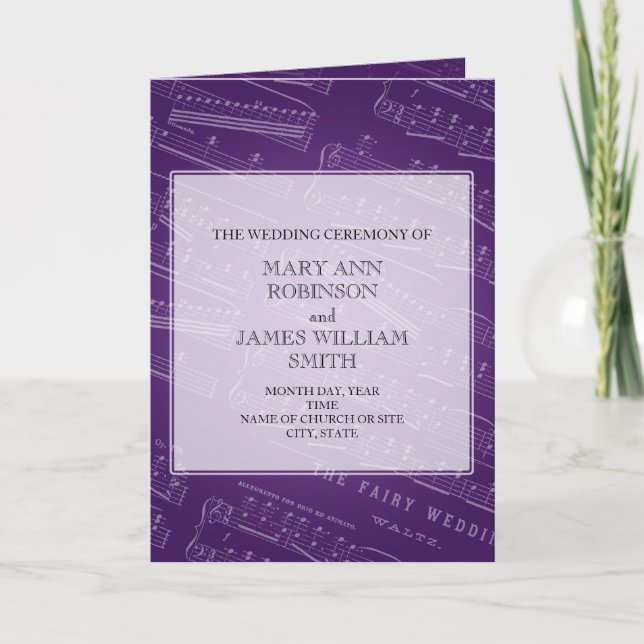 Elegant Wedding Program Sheet Music Purple Programme (Front)
