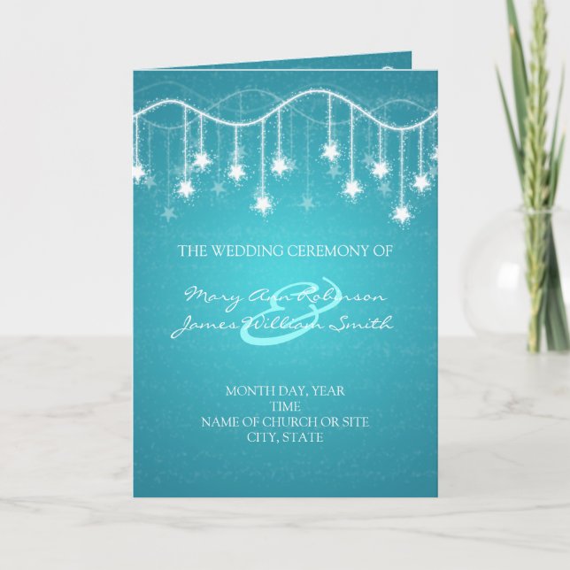Elegant Wedding Program Shimmering Stars Blue Programme (Front)