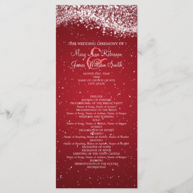 Elegant Wedding Program Sparkling Wave Red Programme (Front)