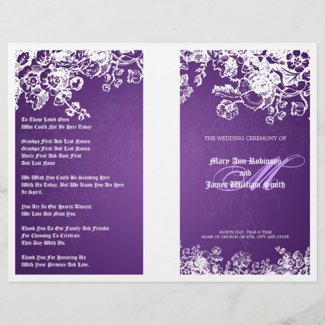Elegant Wedding Program Victorian Flourish Purple (Front)
