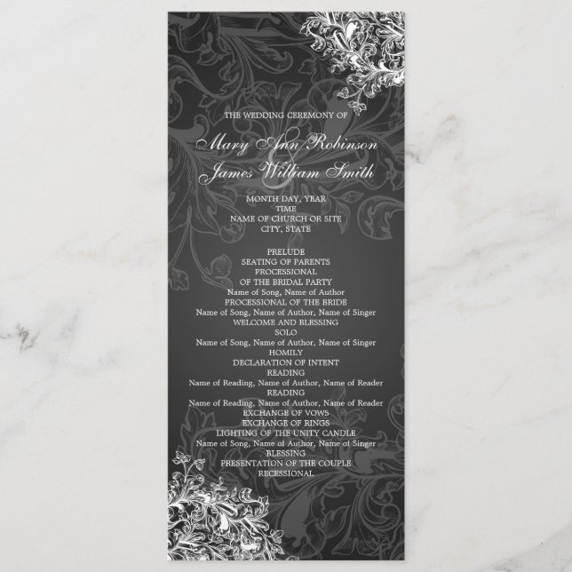Elegant Wedding Program Vintage Swirls Black Programme (Front)
