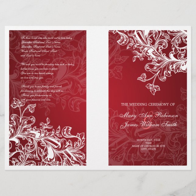 Elegant Wedding Program Vintage Swirls Red (Front)