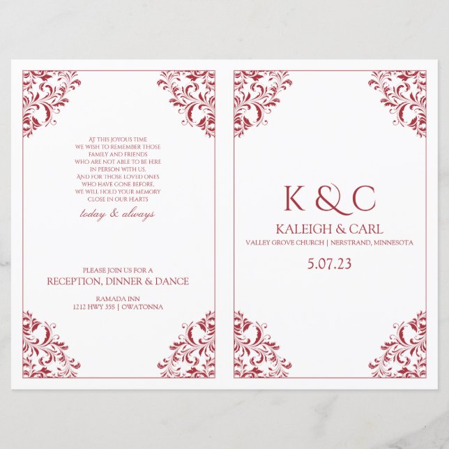 Elegant Wedding Programs  - Foldover Booklet- Red (Front)