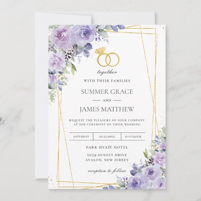 Elegant Wedding Purple Lilac Floral Gold Rings Invitation (Front)