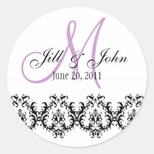 Elegant Wedding Purple Monogram Save the Date Classic Round Sticker