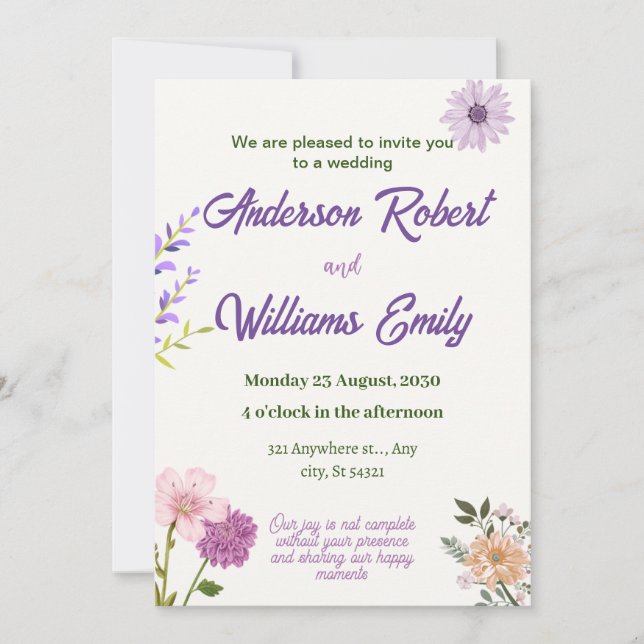 elegant Wedding  Purple Pink Flowers,Green Leaves Invitation (Front)