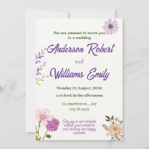 elegant Wedding  Purple Pink Flowers,Green Leaves Invitation