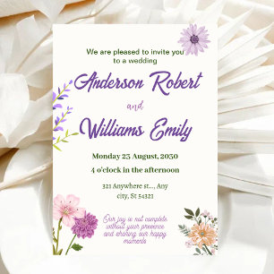 elegant Wedding Purple Pink Flowers,Green Leaves Invitation