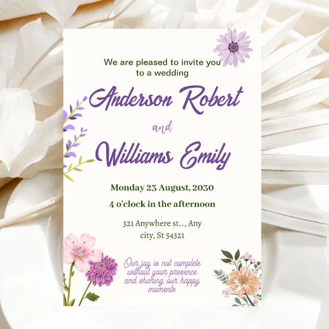 elegant Wedding  Purple Pink Flowers,Green Leaves Invitation (Creator Uploaded)