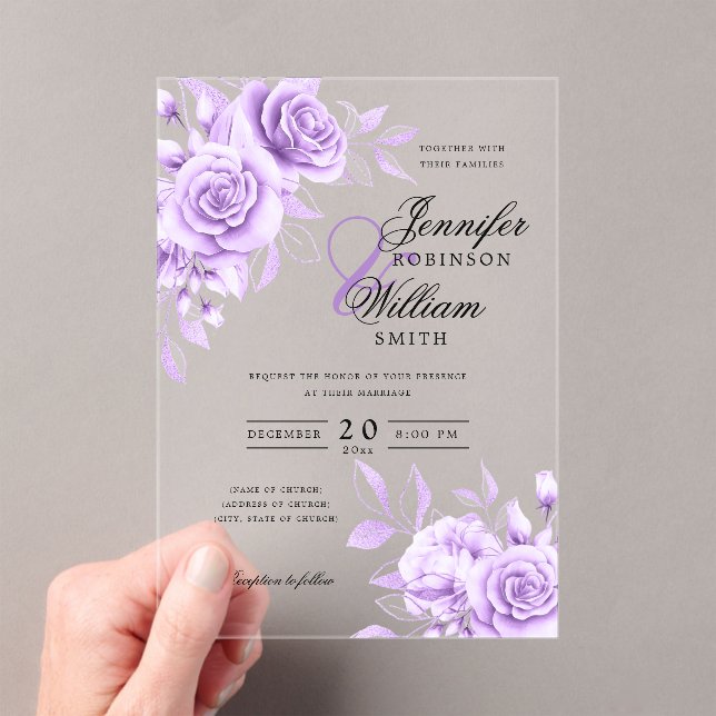 Elegant Wedding Purple Roses Floral Theme Acrylic Invitations (Insitu (Handheld))