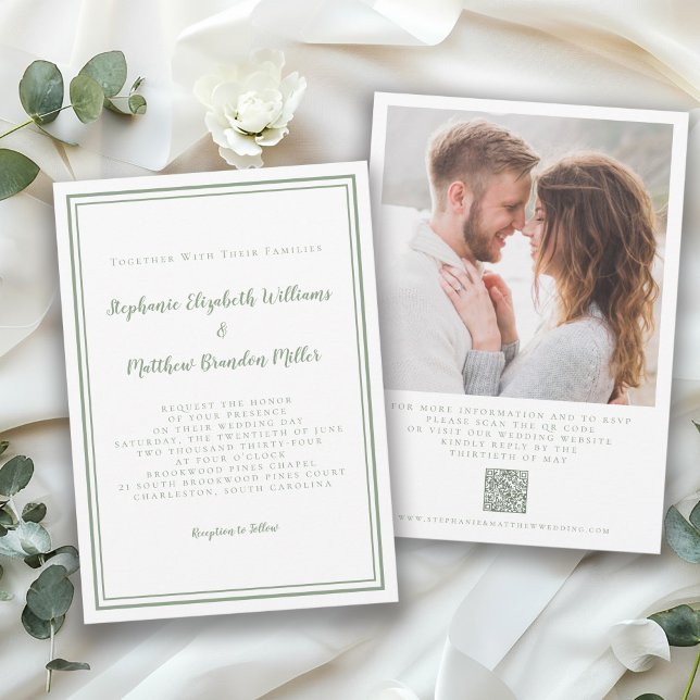 Elegant Wedding QR Code Photo Classic Sage Green  Invitation (Creator Uploaded)
