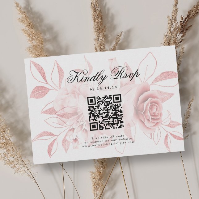 Elegant Wedding QR Code RSVP Blush Pink Floral Card (Elegant Wedding QR Code RSVP Blush Pink Floral)