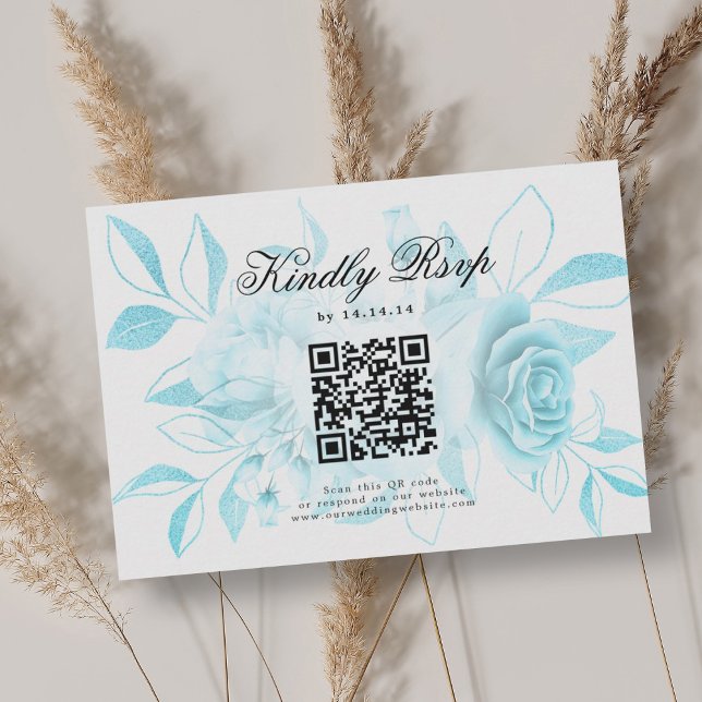 Elegant Wedding QR Code RSVP Turquoise Floral Card (Elegant Wedding QR Code RSVP Turquoise Floral)
