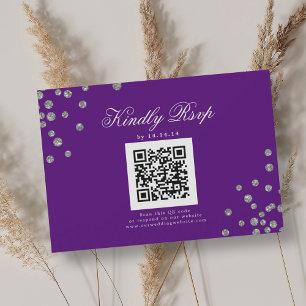 Elegant Wedding QR RSVP Silver Confetti Purple Card