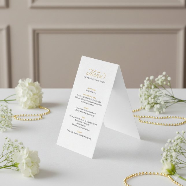 Elegant wedding reception gold birds menu (Gold elegant script, romantic birds wedding menu.)