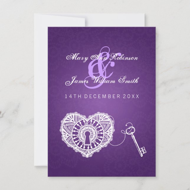 Elegant Wedding Reception Key To My Heart Purple Invitation (Front)