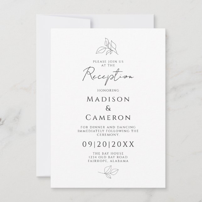 Elegant Wedding Reception Leaves Black & White Invitation (Front)
