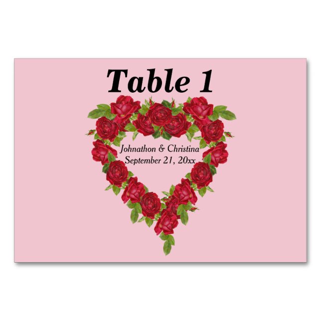 Elegant Wedding Red Rose Heart Wreath on Pink Table Number (Front)