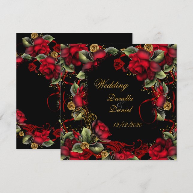 Elegant Wedding Red Roses Gold Black A Invitation (Front/Back)
